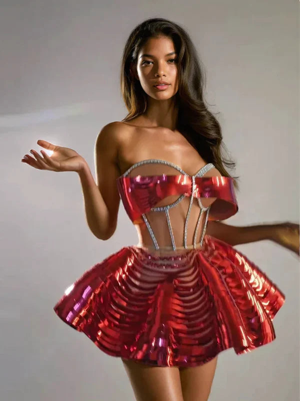 Flowering Girl Women Kretska Crystal Metallic Skirt Set In Red