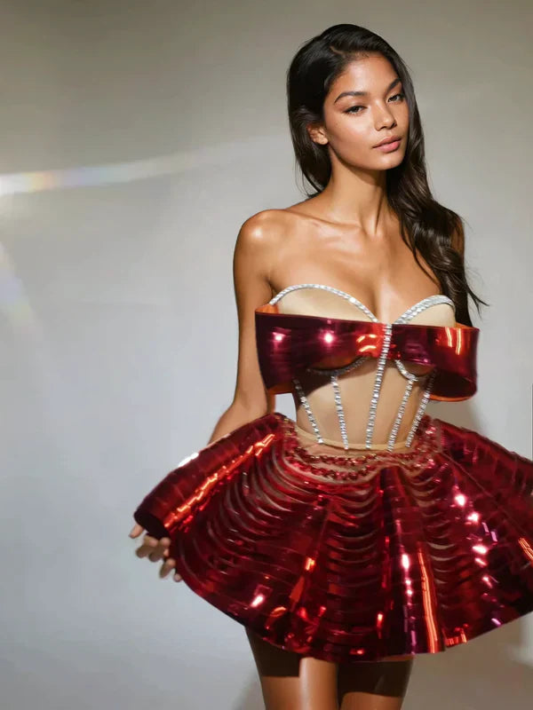 Flowering Girl Women Kretska Crystal Metallic Skirt Set In Red