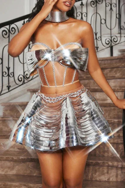 Flowering Girl Women Kretska Crystal Metallic Skirt Set In Silver