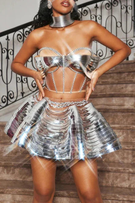 Flowering Girl Women Kretska Crystal Metallic Skirt Set In Silver