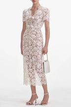 Crystal Bow Detailed V Neck Lace Midi Design Dress