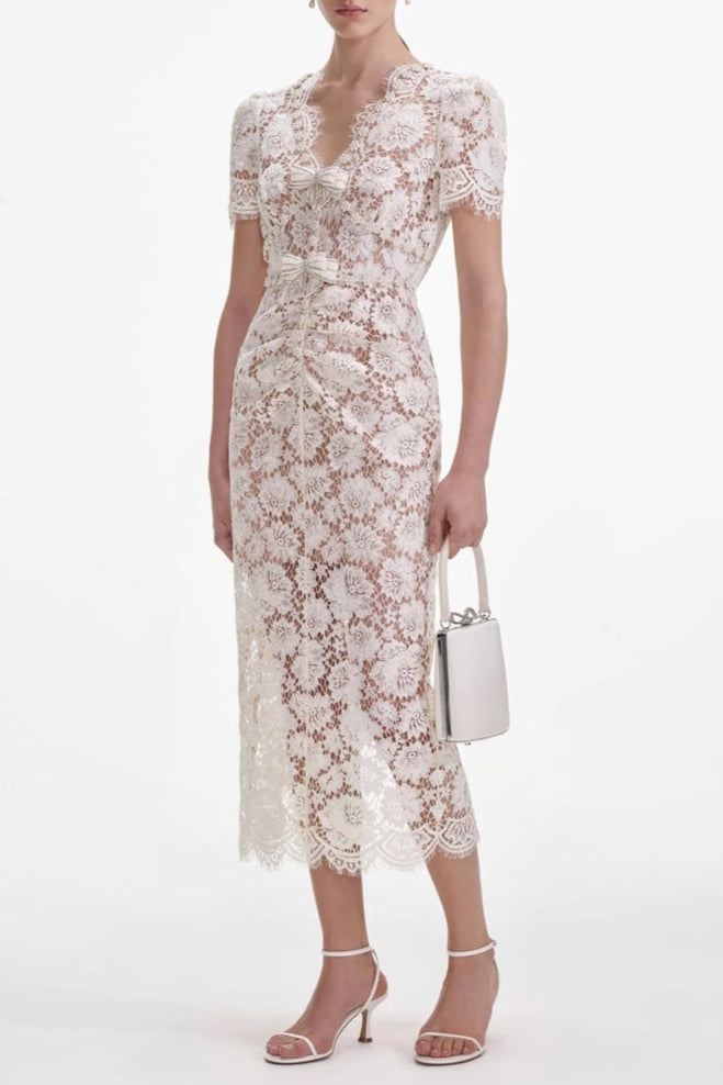 Crystal Bow Detailed V Neck Lace Midi Design Dress