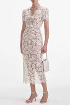 Crystal Bow Detailed V Neck Lace Midi Design Dress