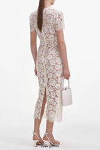Crystal Bow Detailed V Neck Lace Midi Design Dress