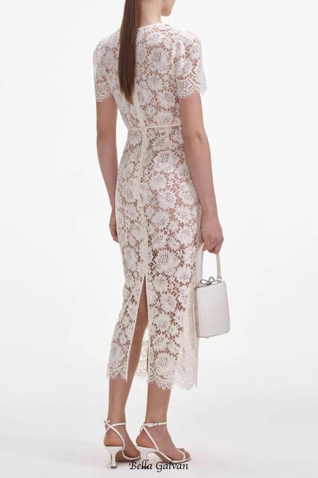 Crystal Bow Detailed V Neck Lace Midi Design Dress