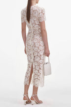 Crystal Bow Detailed V Neck Lace Midi Design Dress