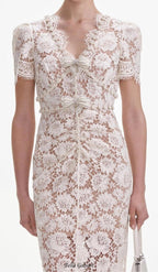Crystal Bow Detailed V Neck Lace Midi Design Dress