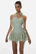 Kyrie Halter Floral Ruffle Mini Dress - Green