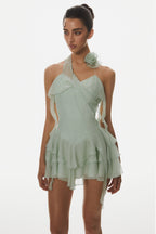 Kyrie Halter Floral Ruffle Mini Dress - Green