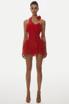 Kyrie Halter Floral Ruffle Mini Dress - Red