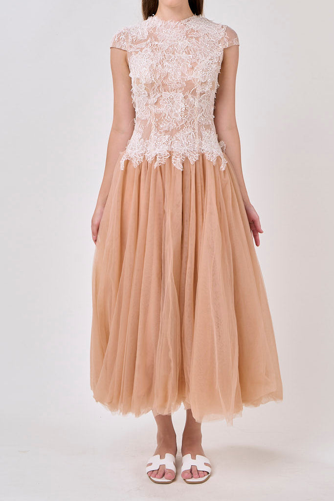 Elvira Sequin Lace Crochet Patchwork Mesh Maxi Dress In Brown