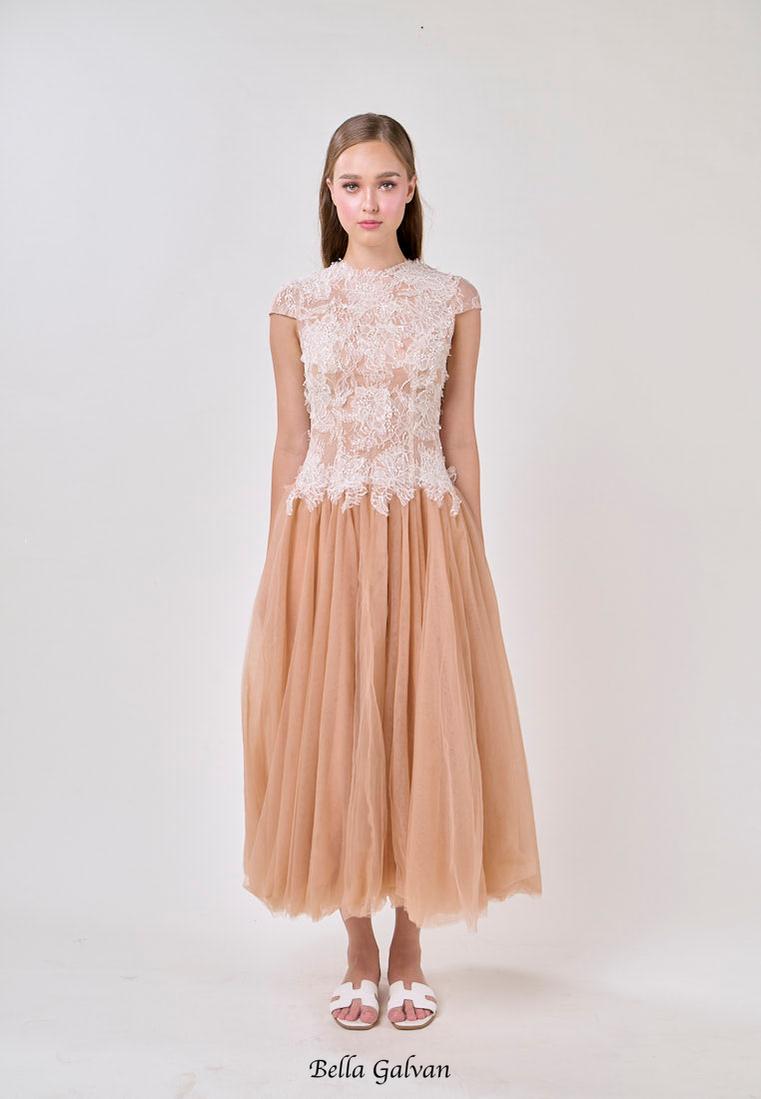 elvira Sequin lace crochet patchwork mesh maxi dress in brown