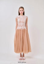 elvira Sequin lace crochet patchwork mesh maxi dress in brown