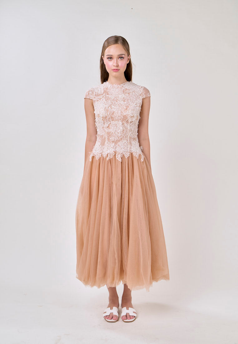 Elvira Sequin Lace Crochet Patchwork Mesh Maxi Dress In Brown
