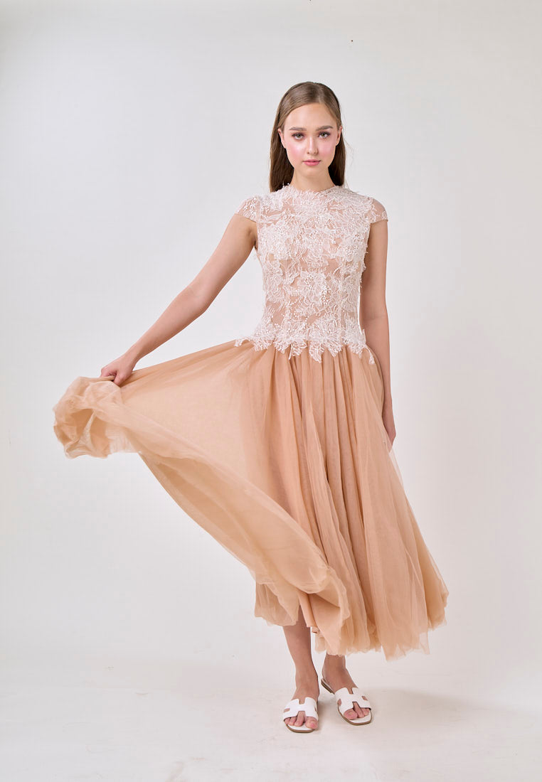 Elvira Sequin Lace Crochet Patchwork Mesh Maxi Dress In Brown