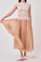 elvira Sequin lace crochet patchwork mesh maxi dress in brown