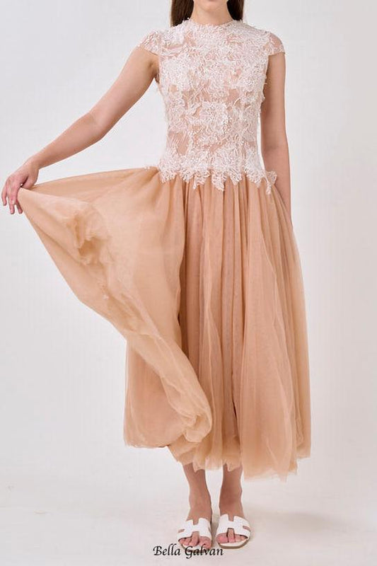 elvira Sequin lace crochet patchwork mesh maxi dress in brown
