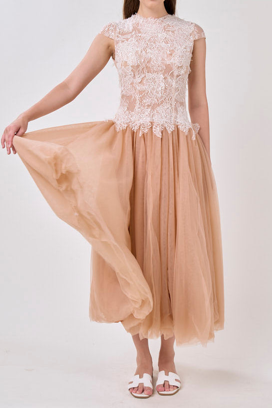 Elvira Sequin Lace Crochet Patchwork Mesh Maxi Dress In Brown
