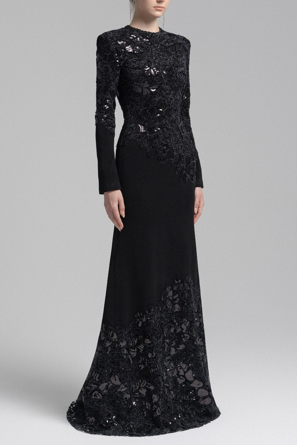 jacqueline black lace Embroidered long sleeve Maxi Dress