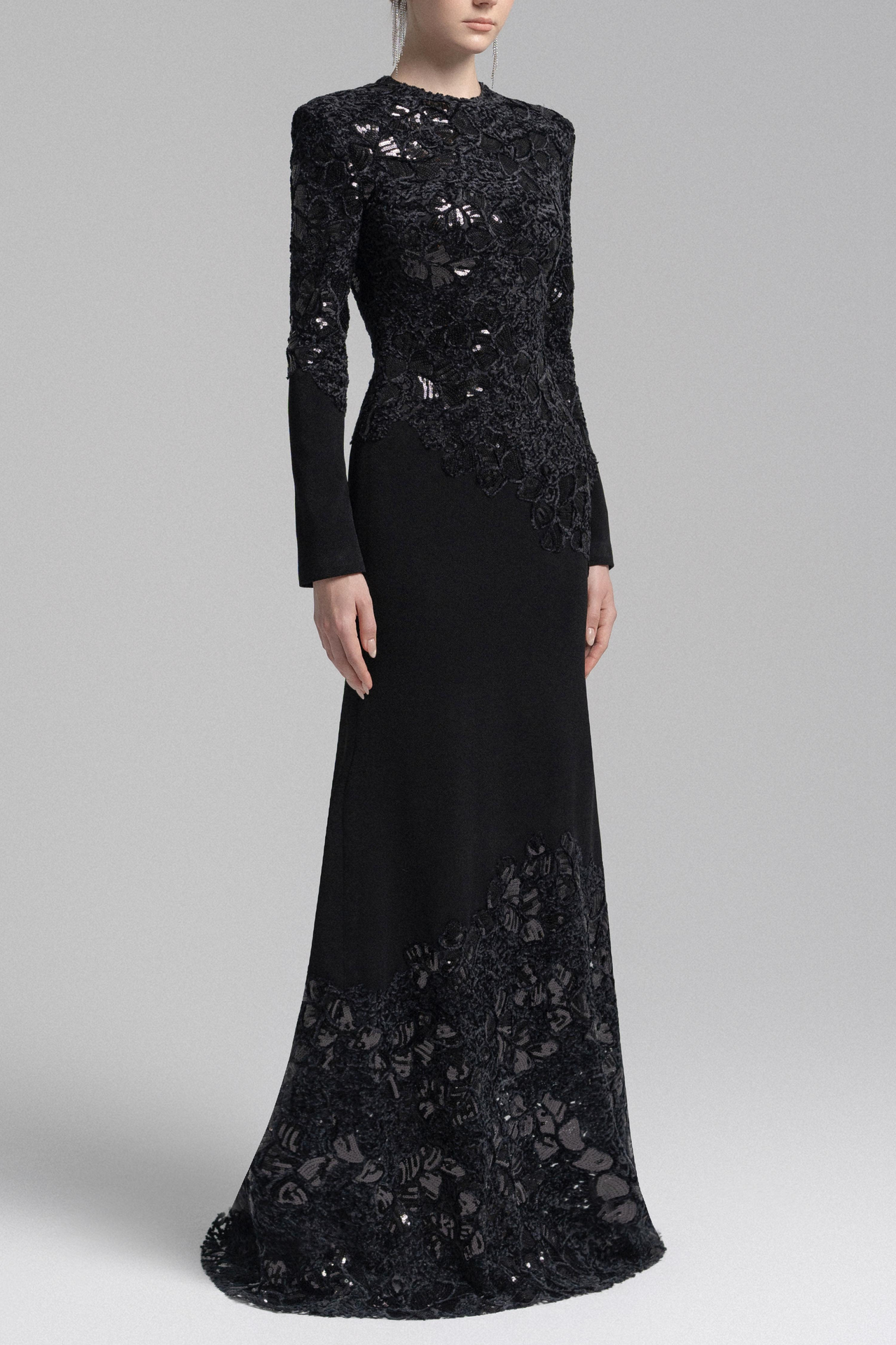 jacqueline black lace Embroidered long sleeve Maxi Dress