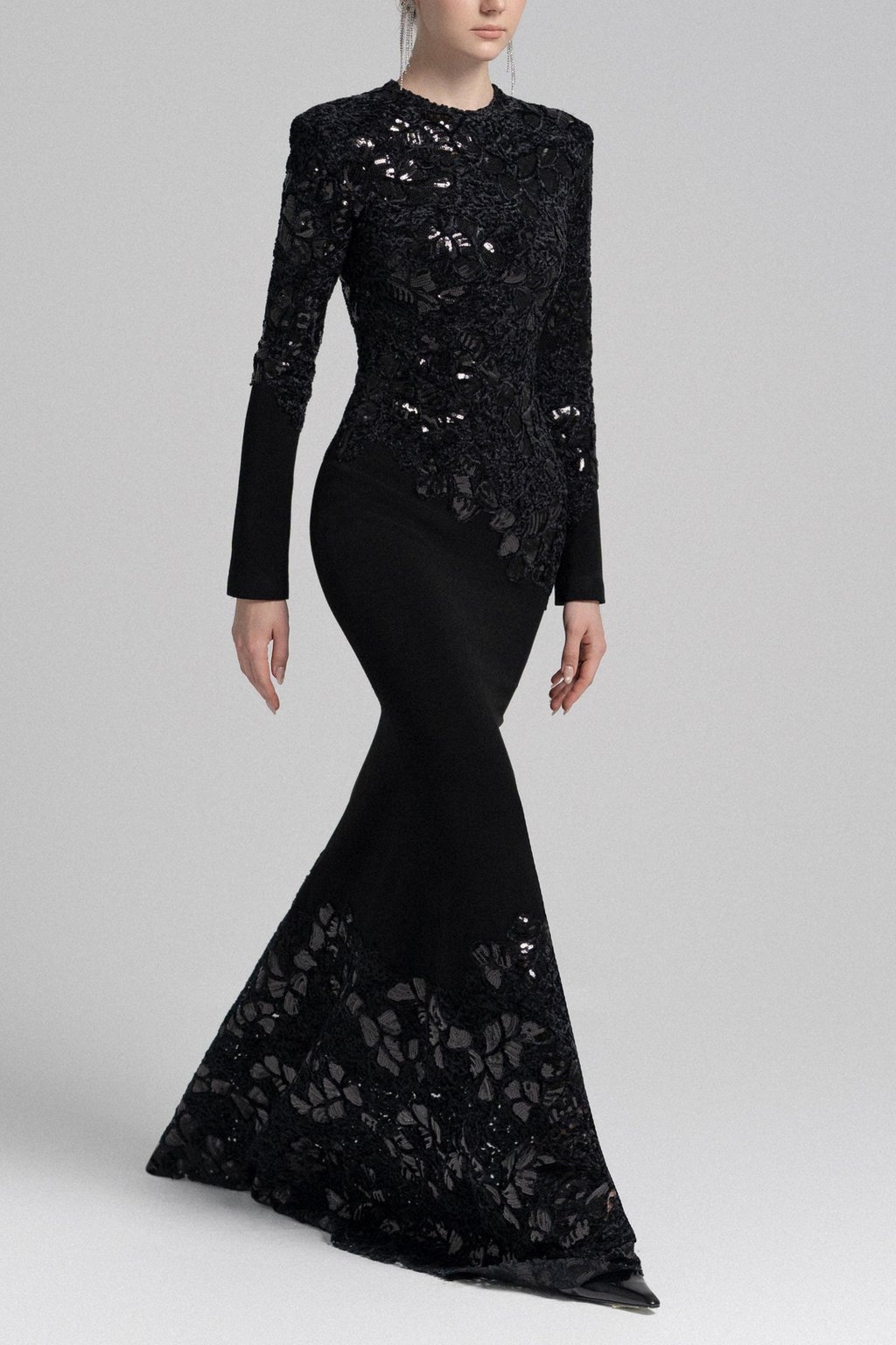 jacqueline black lace Embroidered long sleeve Maxi Dress