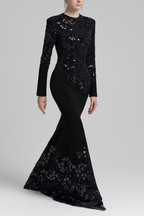 jacqueline black lace Embroidered long sleeve Maxi Dress