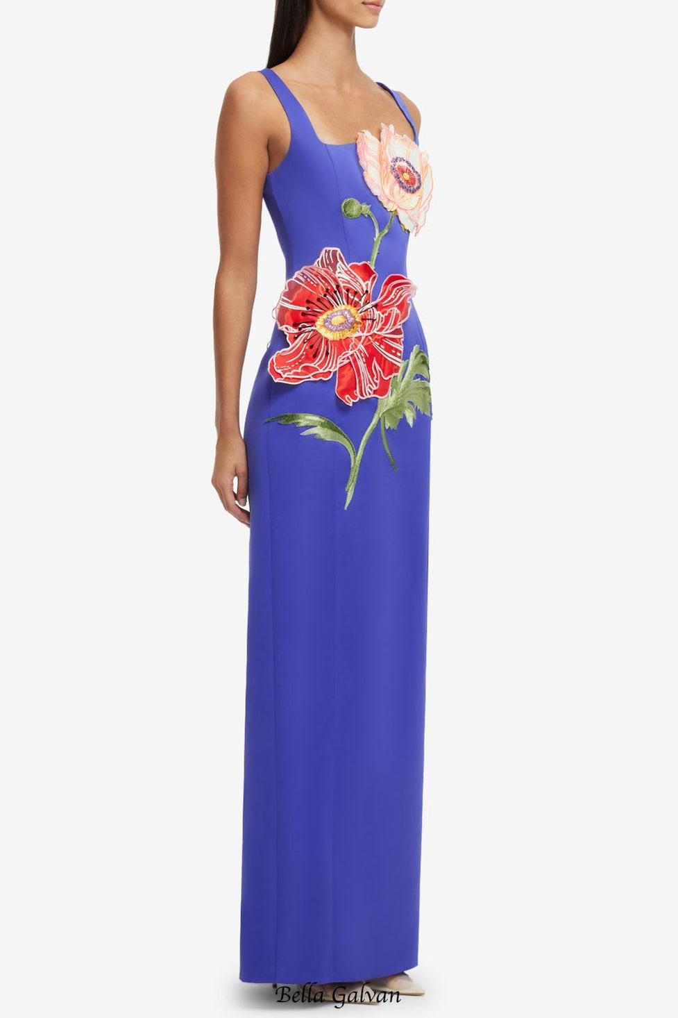 nicola square neck flower embroidery satin maxi dress in blue