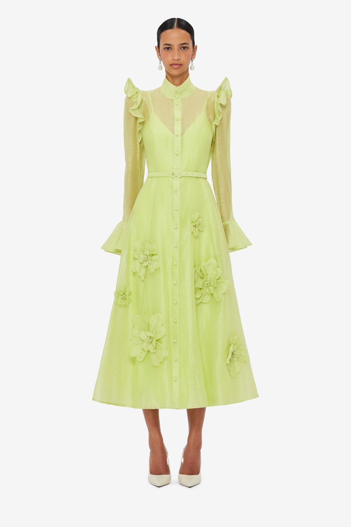 Flowering Girl Women 3d Flower Butterfly Sleeve Midi Dress - Chartreuse