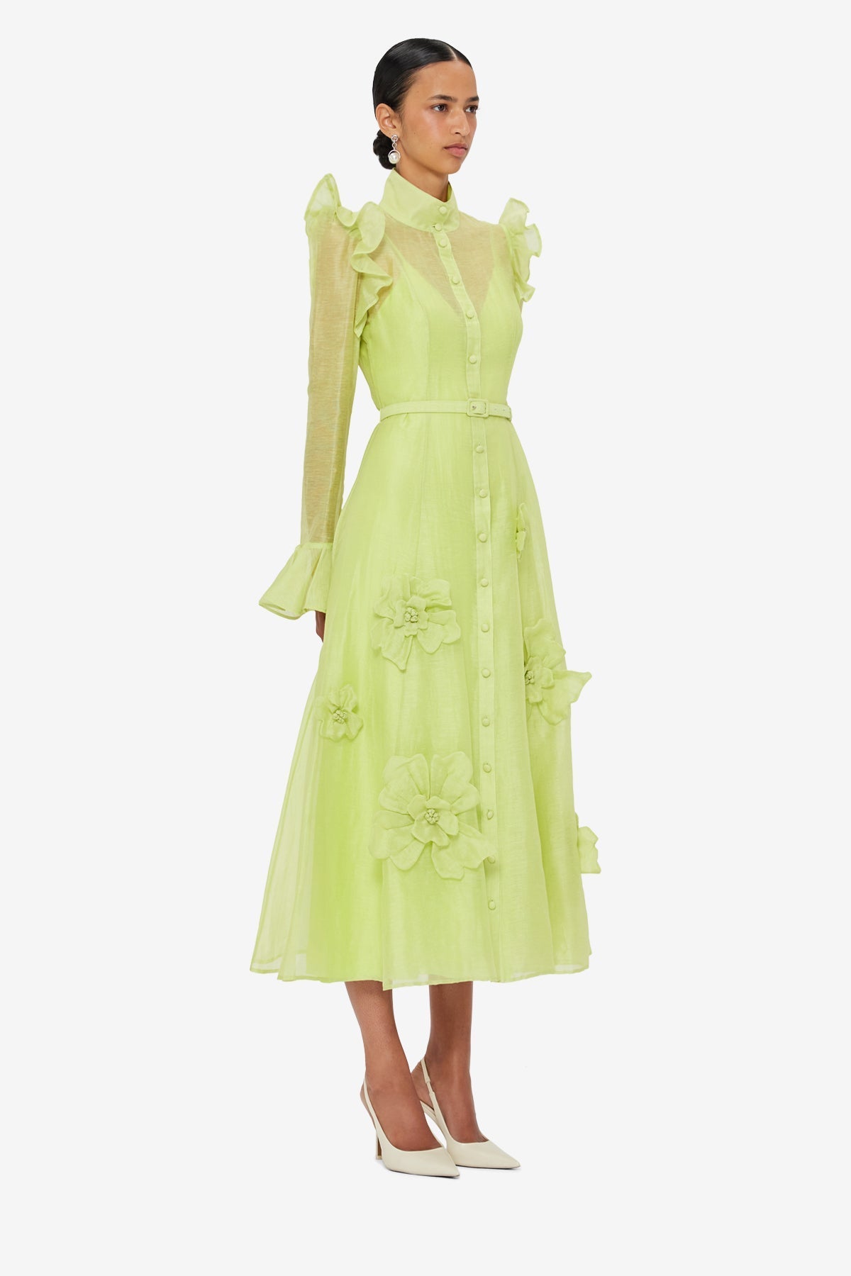 Flowering Girl Women 3d Flower Butterfly Sleeve Midi Dress - Chartreuse