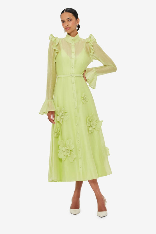 Flowering Girl Women 3d Flower Butterfly Sleeve Midi Dress - Chartreuse