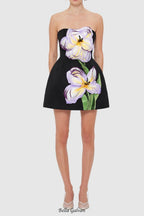 Rosario Appliqué Floral Bustier Mini Dress in black