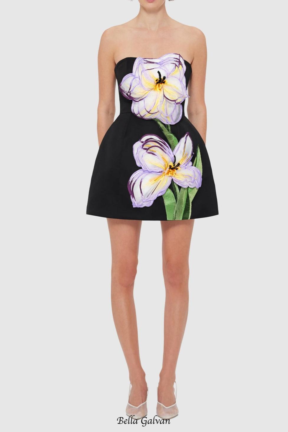 Rosario Appliqué Floral Bustier Mini Dress in black
