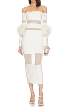 Flowering Girl Women Off Shoulder Feather Mesh Midi Bandage Dress - White