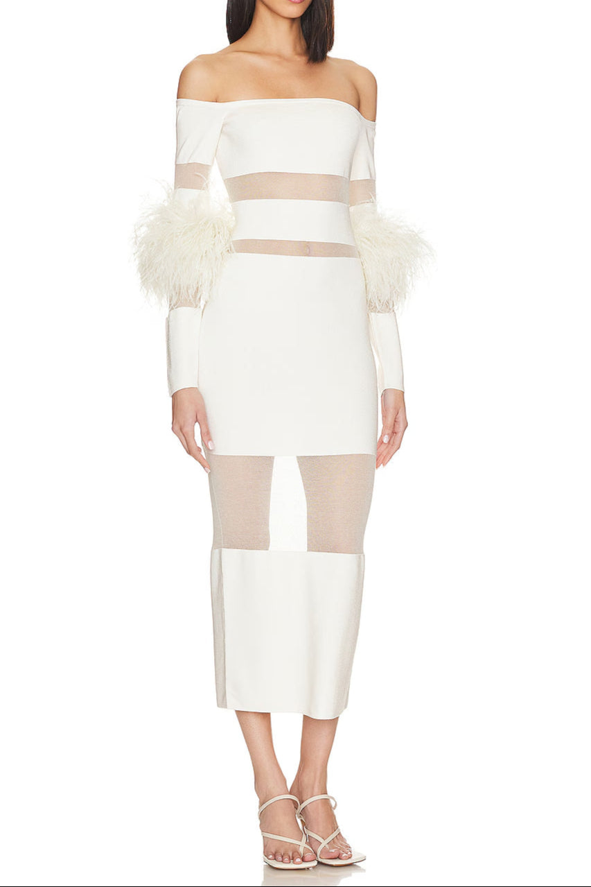 Off Shoulder Feather Mesh Midi Bandage Dress - White