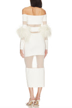 Flowering Girl Women Off Shoulder Feather Mesh Midi Bandage Dress - White