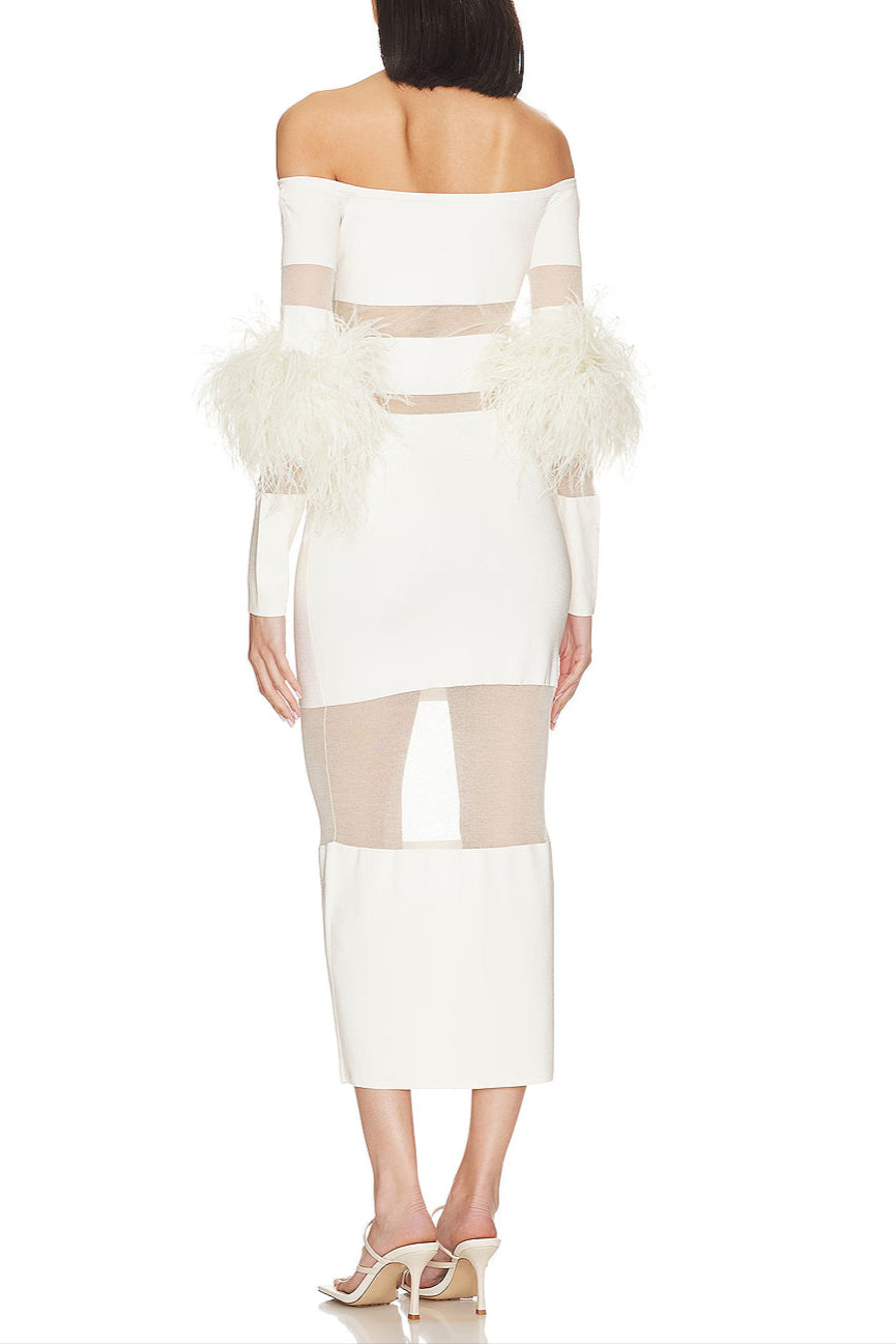 Off Shoulder Feather Mesh Midi Bandage Dress - White