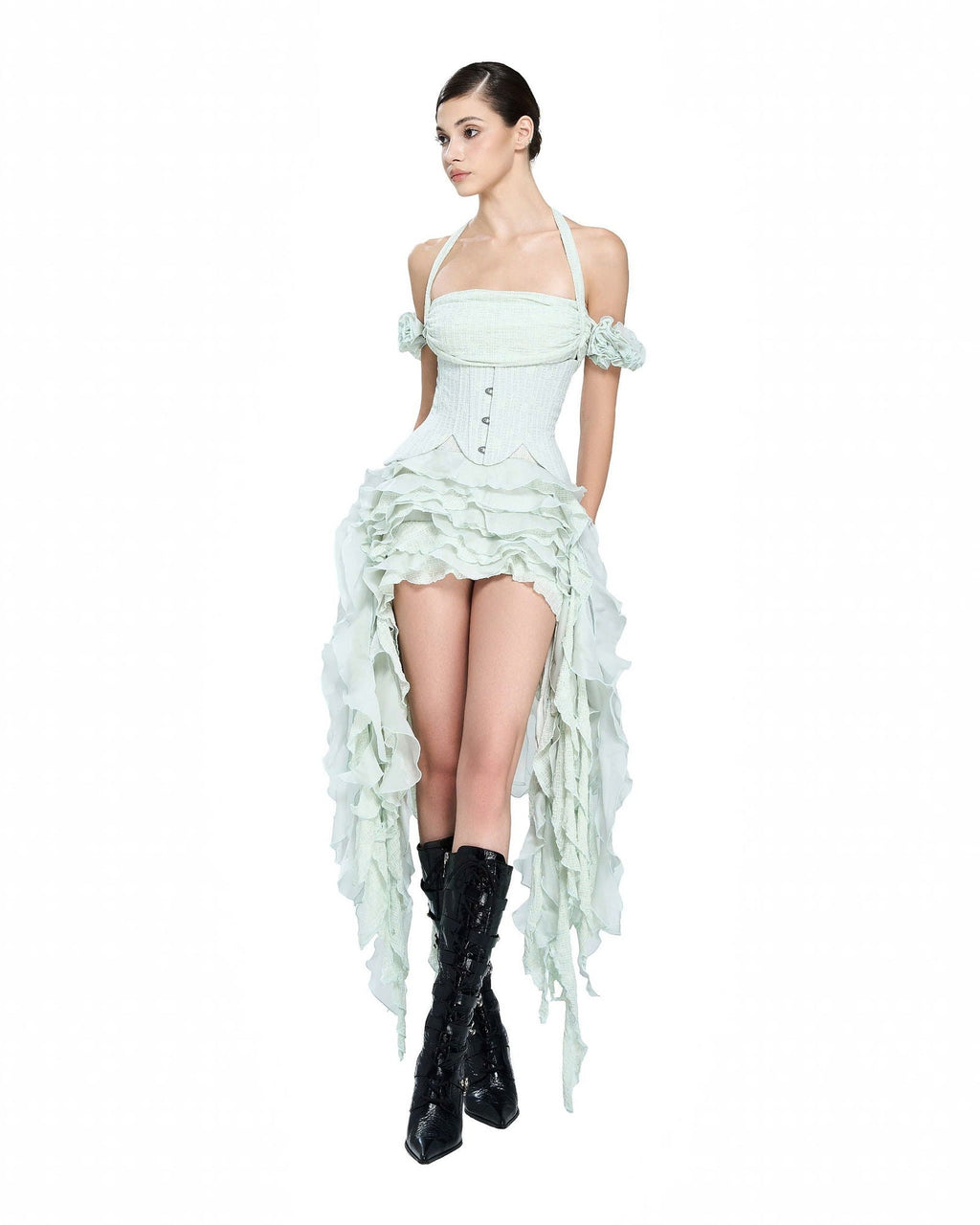Baha Ruch Ruffle Fringe Mini Dress In Mint Green