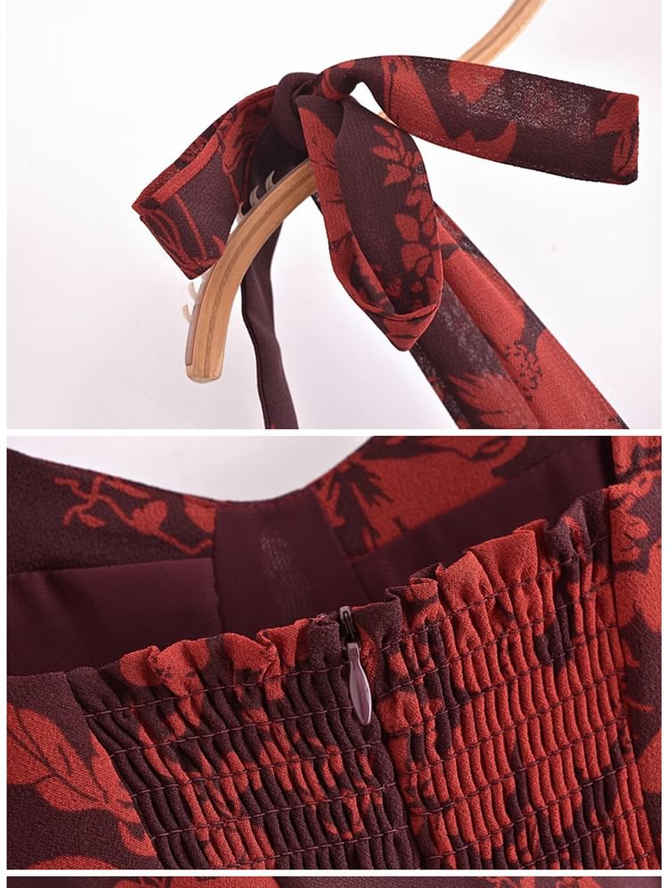 Flowering Girl Women floral print bowknot strap midi dress in burgundy