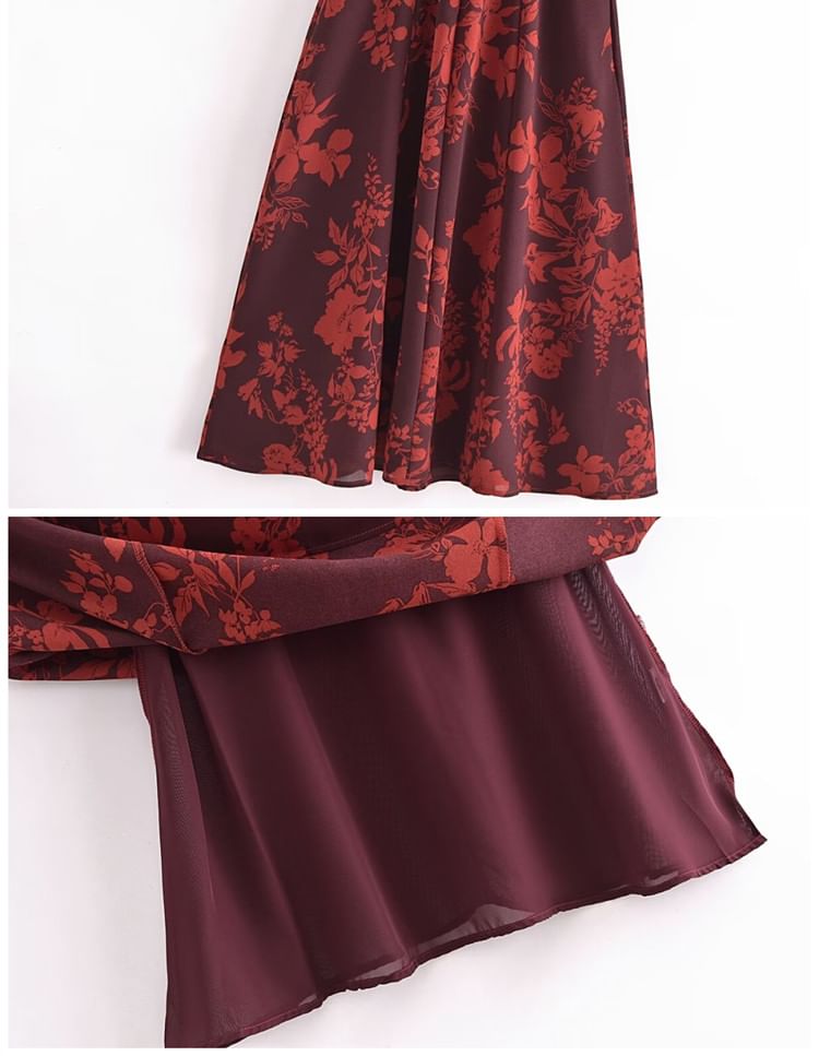 Flowering Girl Women floral print bowknot strap midi dress in burgundy