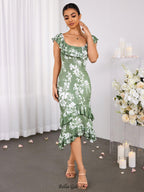 Lace Collar Floral Print Asymmetrical Hem Dress