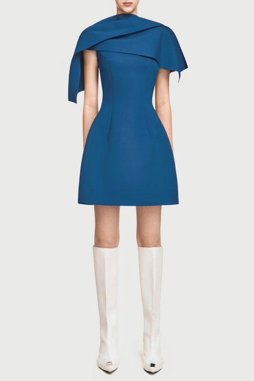 Flowering Girl Women Asymmetrical Shoulder Pleat Mini Dress - Blue