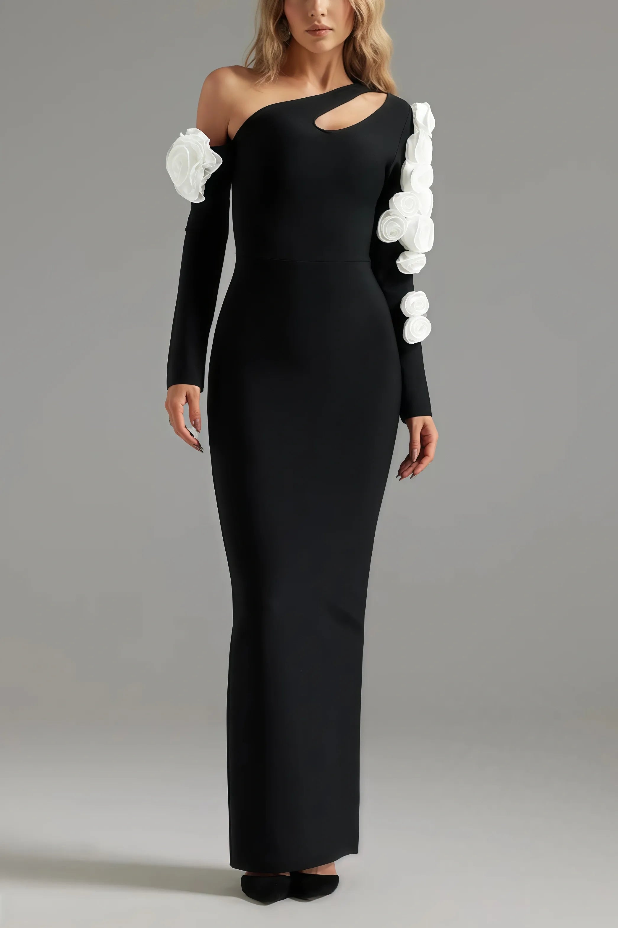 Flowering Girl Women One Shoulder Flower Embellished Cutout Bandage Maxi Dress In Black