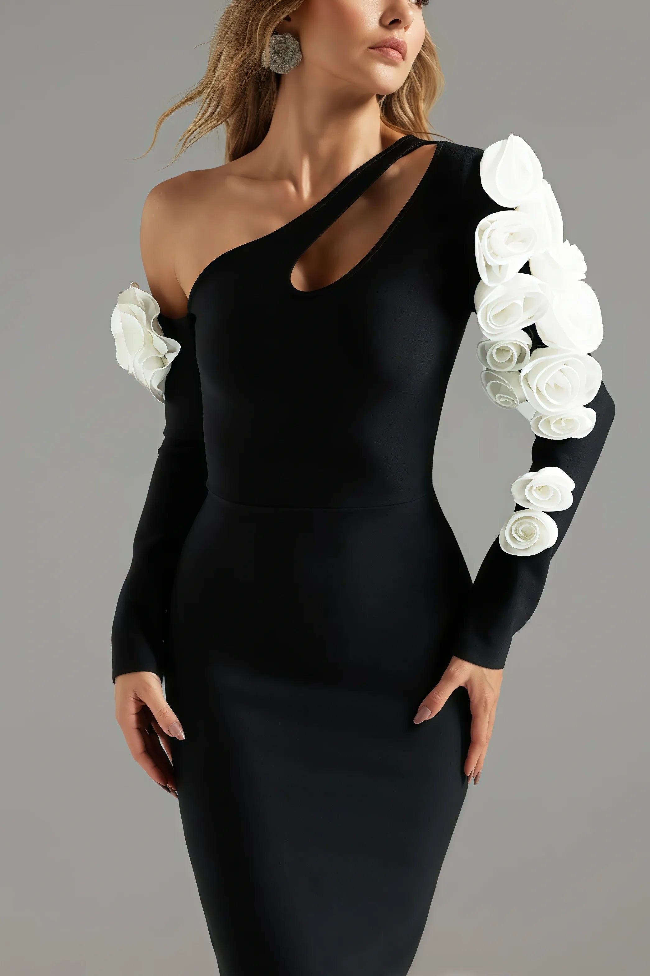 Flowering Girl Women One Shoulder Flower Embellished Cutout Bandage Maxi Dress In Black