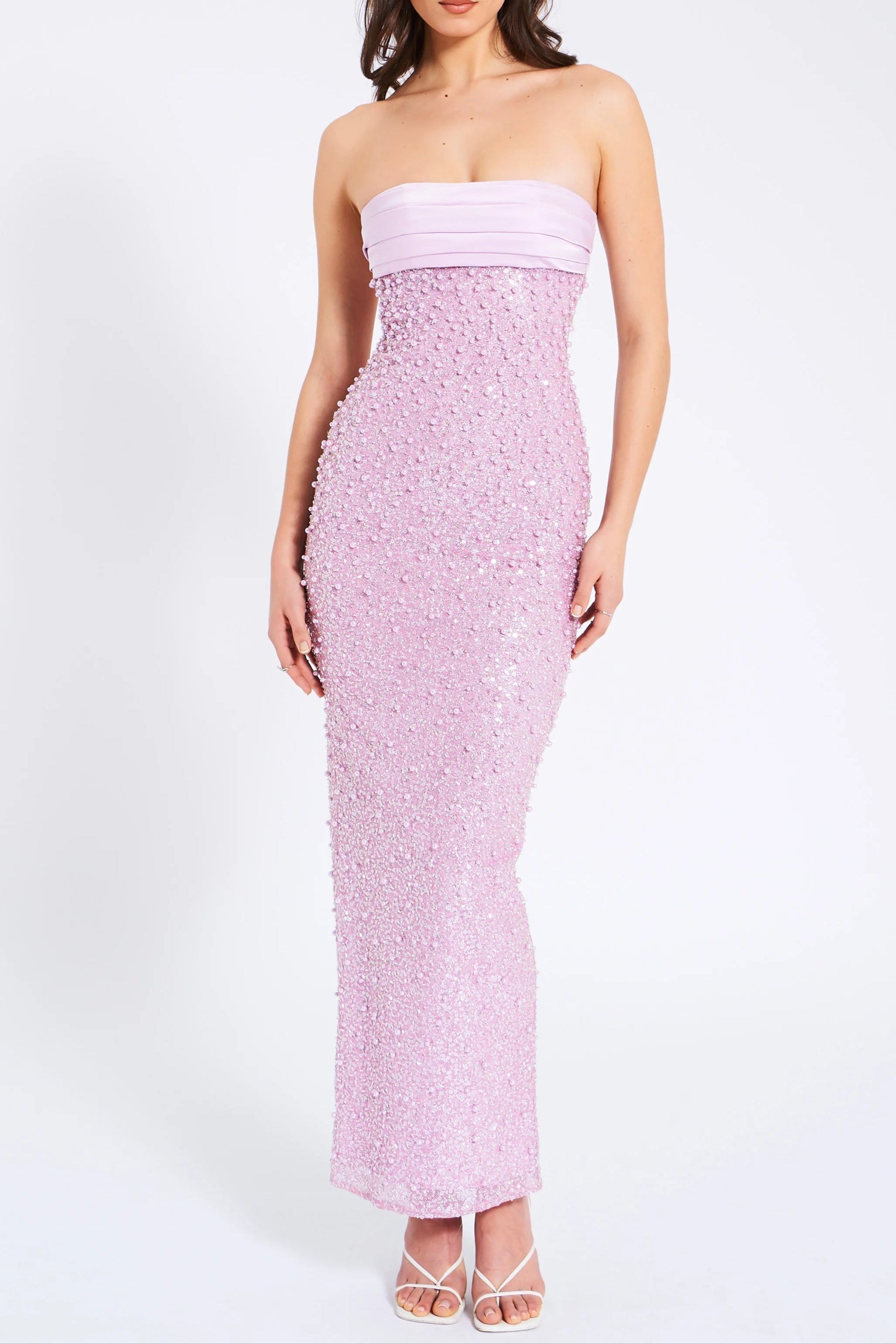 Flowering Girl Women Pink Satin Sequin Pearls Beaded Maxi Dress