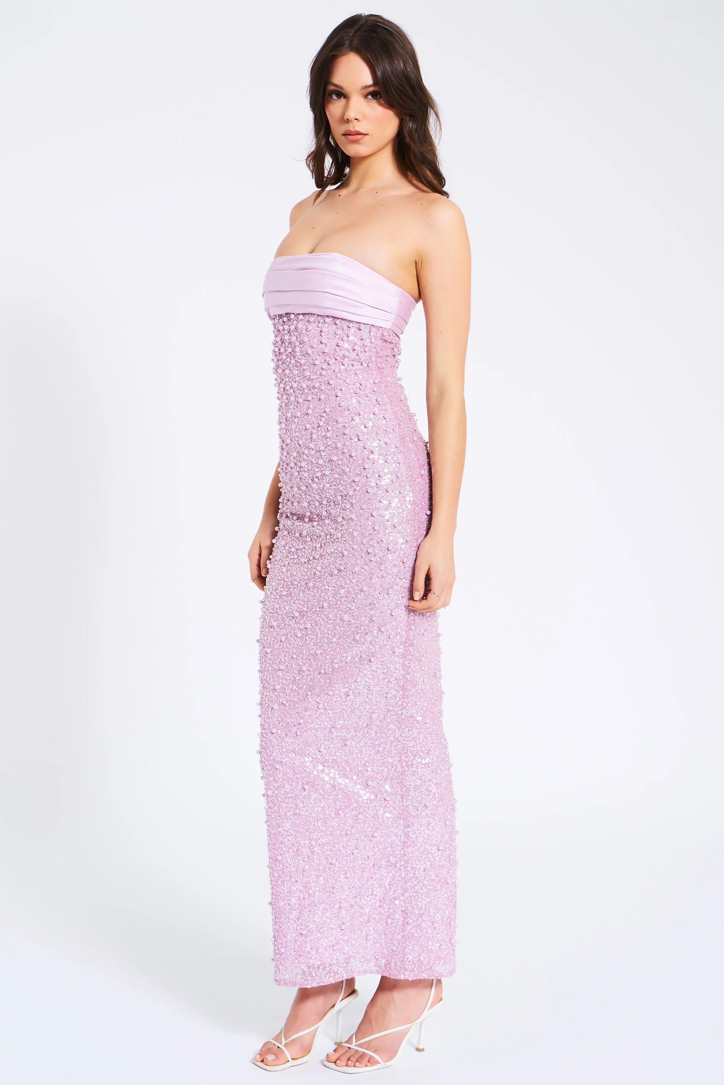 Flowering Girl Women Pink Satin Sequin Pearls Beaded Maxi Dress