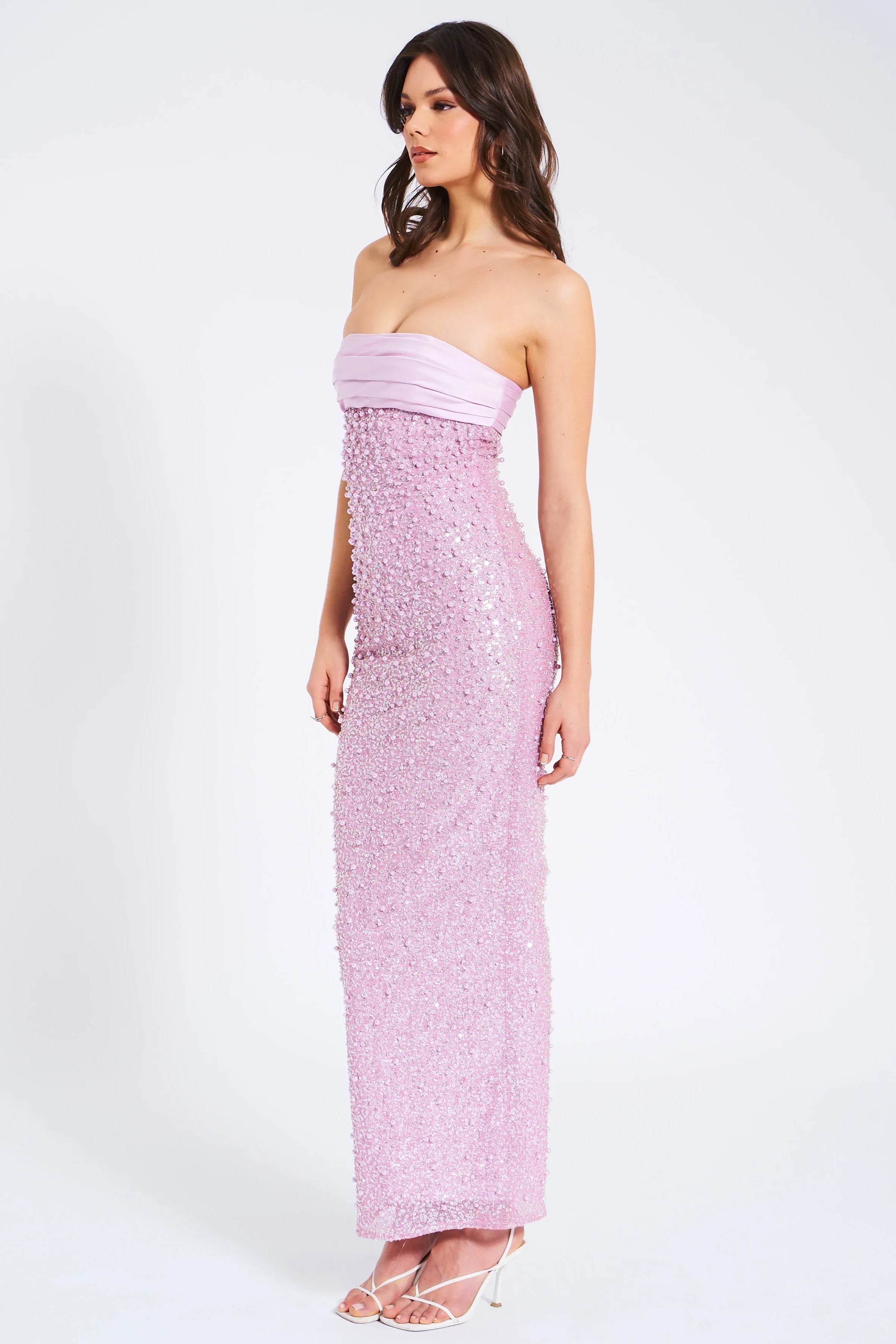 Flowering Girl Women Pink Satin Sequin Pearls Beaded Maxi Dress