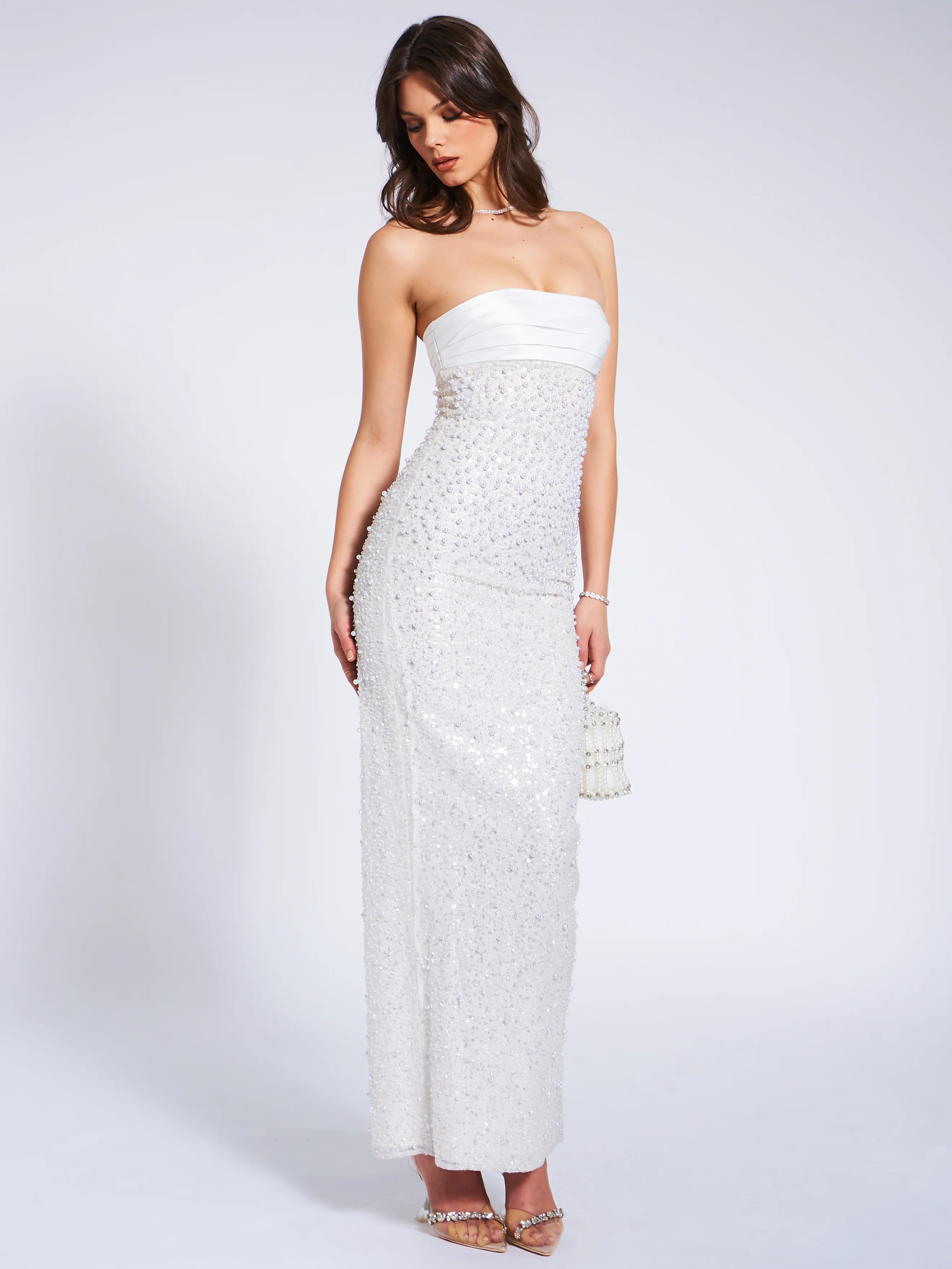 Flowering Girl Women White Satin Sequin Pearls Beaded Maxi Dress
