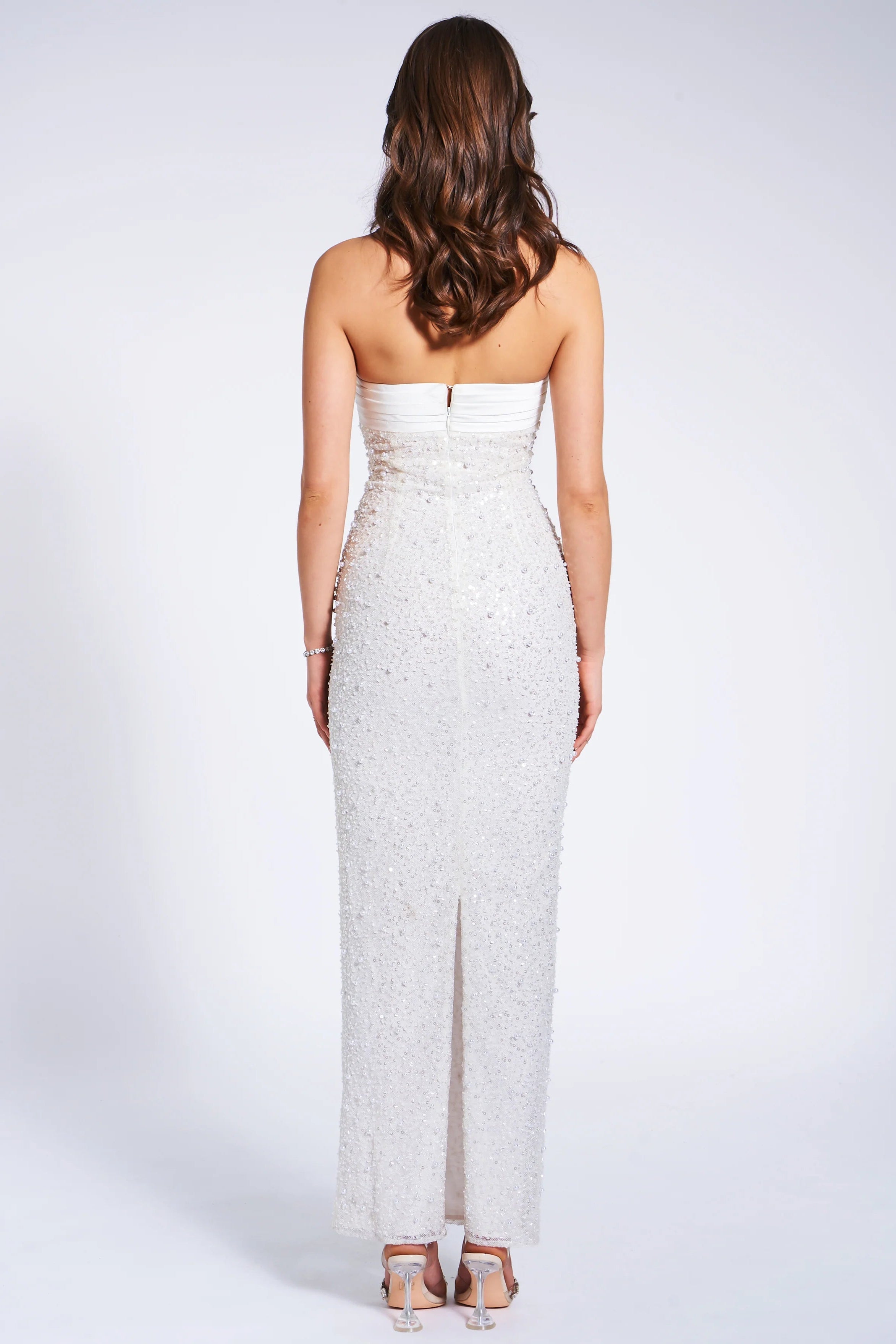Flowering Girl Women White Satin Sequin Pearls Beaded Maxi Dress