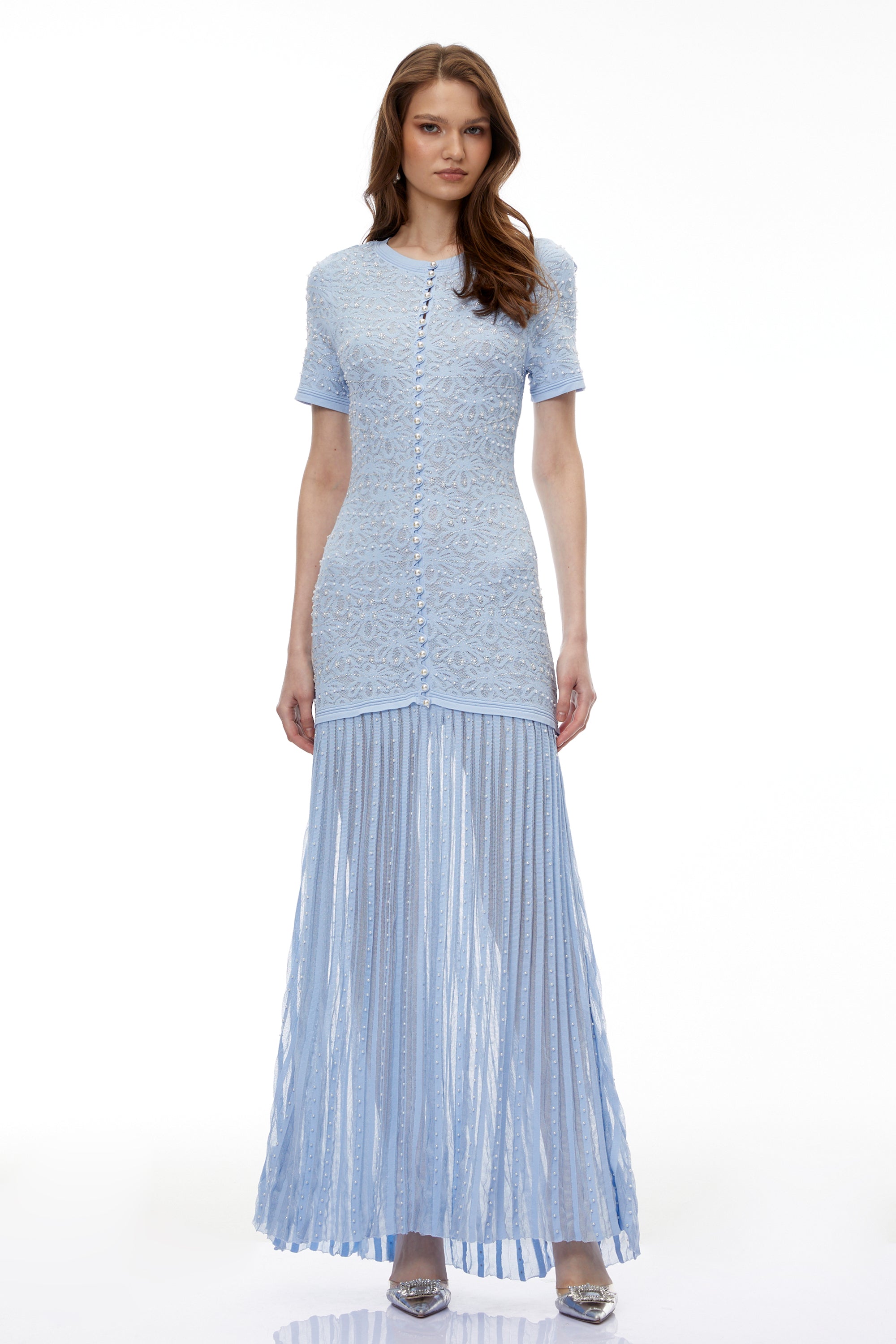 pandora Embellished Pleated Maxi Dress - blue