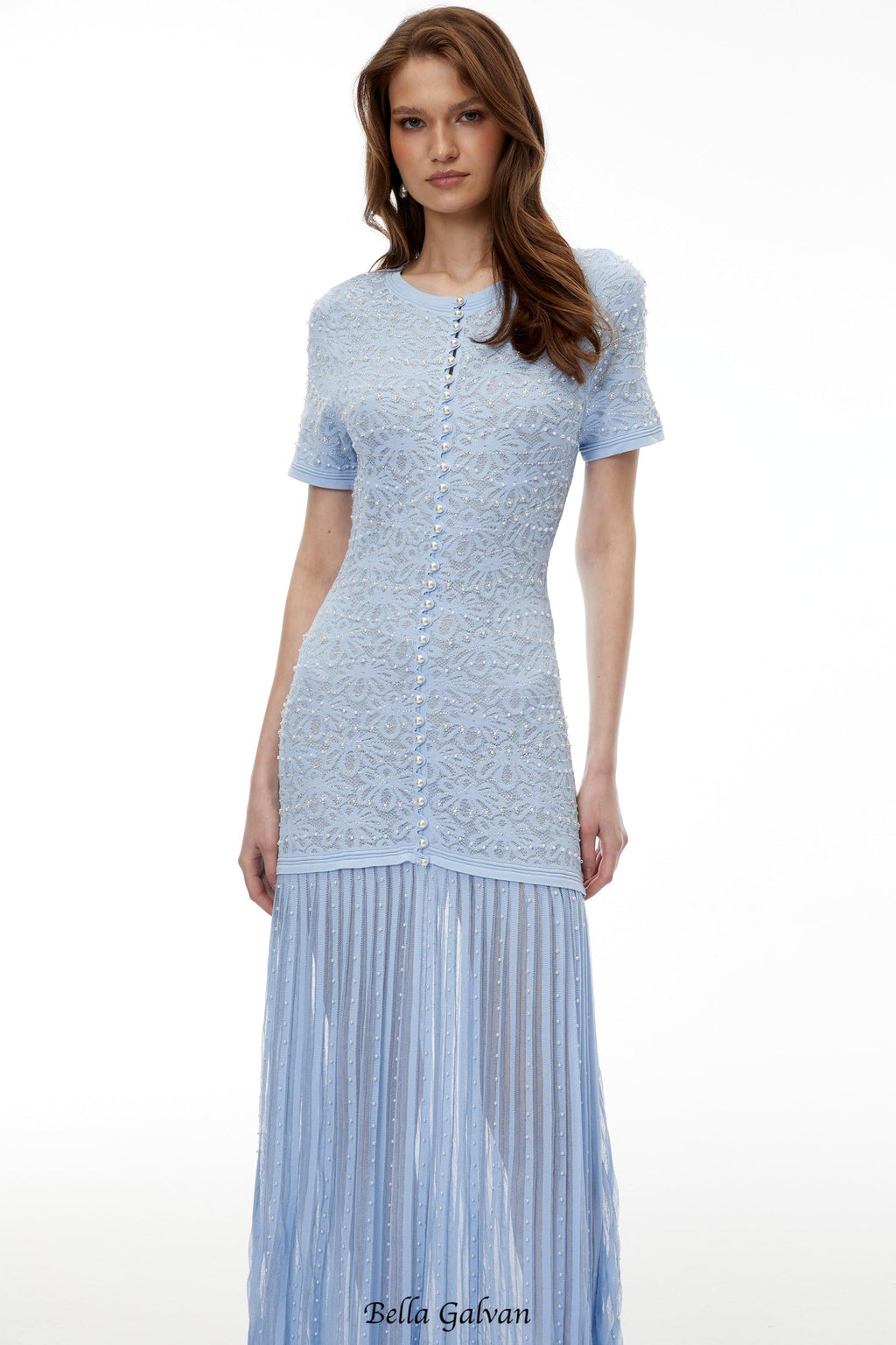 pandora Embellished Pleated Maxi Dress - blue